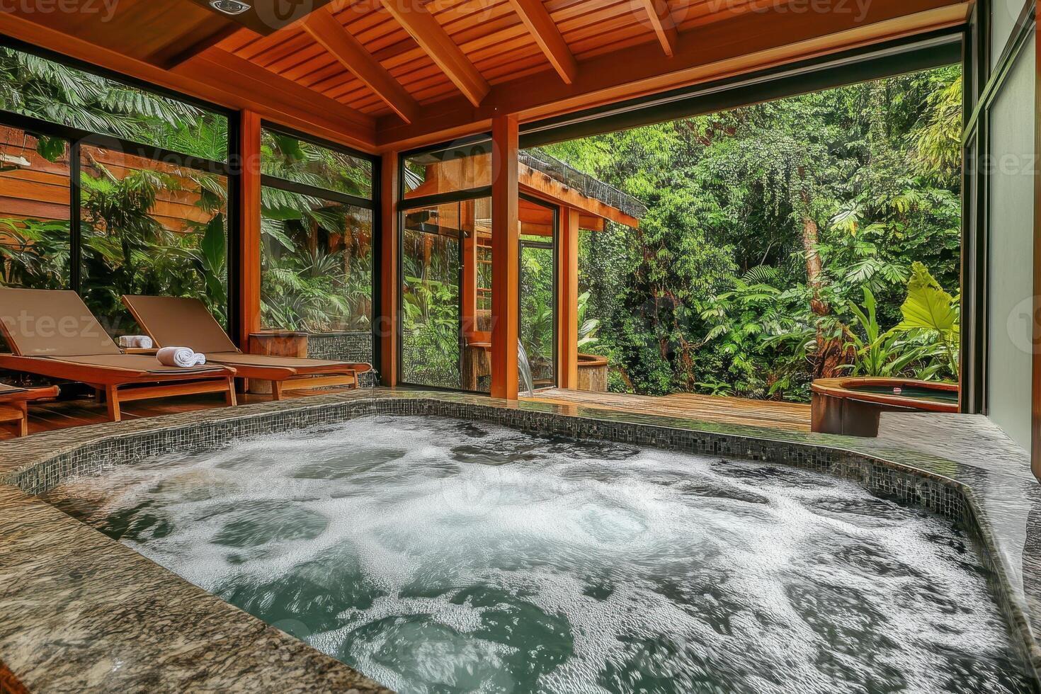 A serene indoor hot tub surrounded by lush greenery and wooden architecture photo
