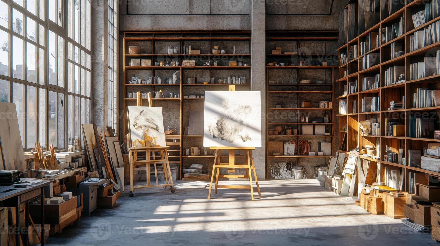 A spacious art studio with easels, shelves, and natural light for creative work photo