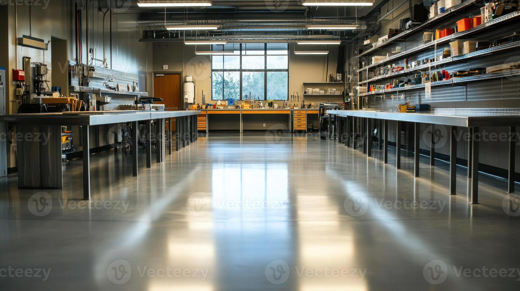 A spacious workshop with workbenches and tools, designed for hands-on projects and creativity photo