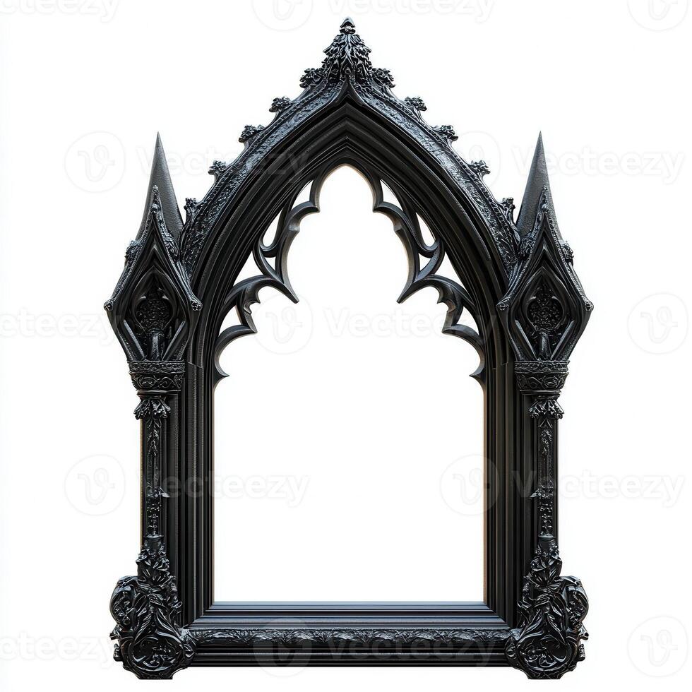 A gothic-style black picture frame with ornate details and pointed arches photo