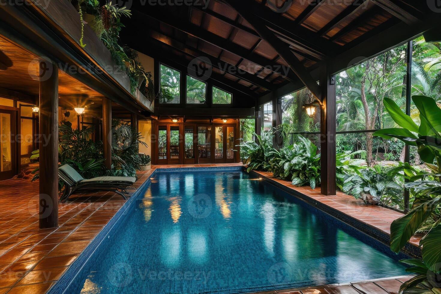 A serene indoor pool surrounded by lush greenery and wooden architecture, photo