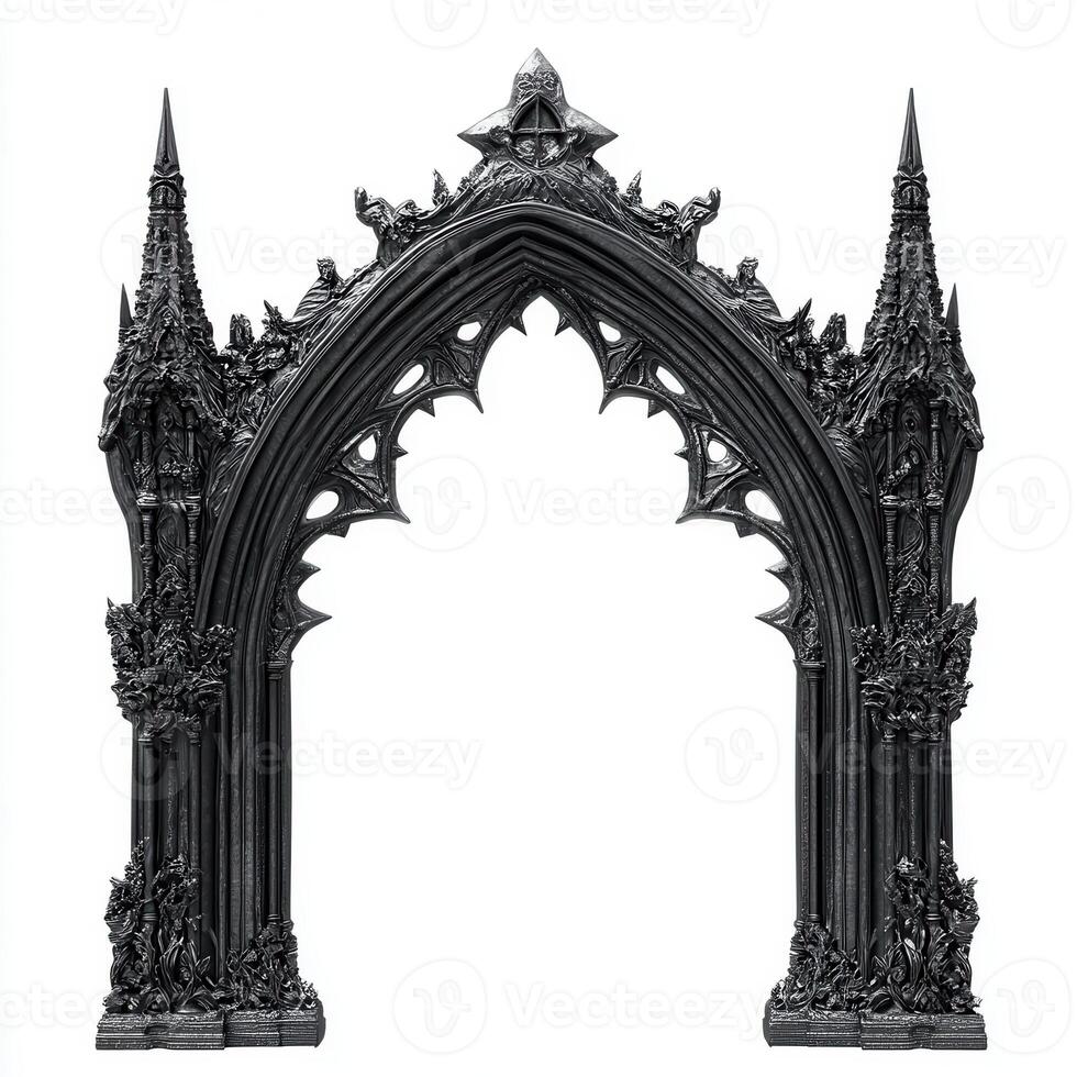 A detailed gothic archway with intricate designs and spires photo
