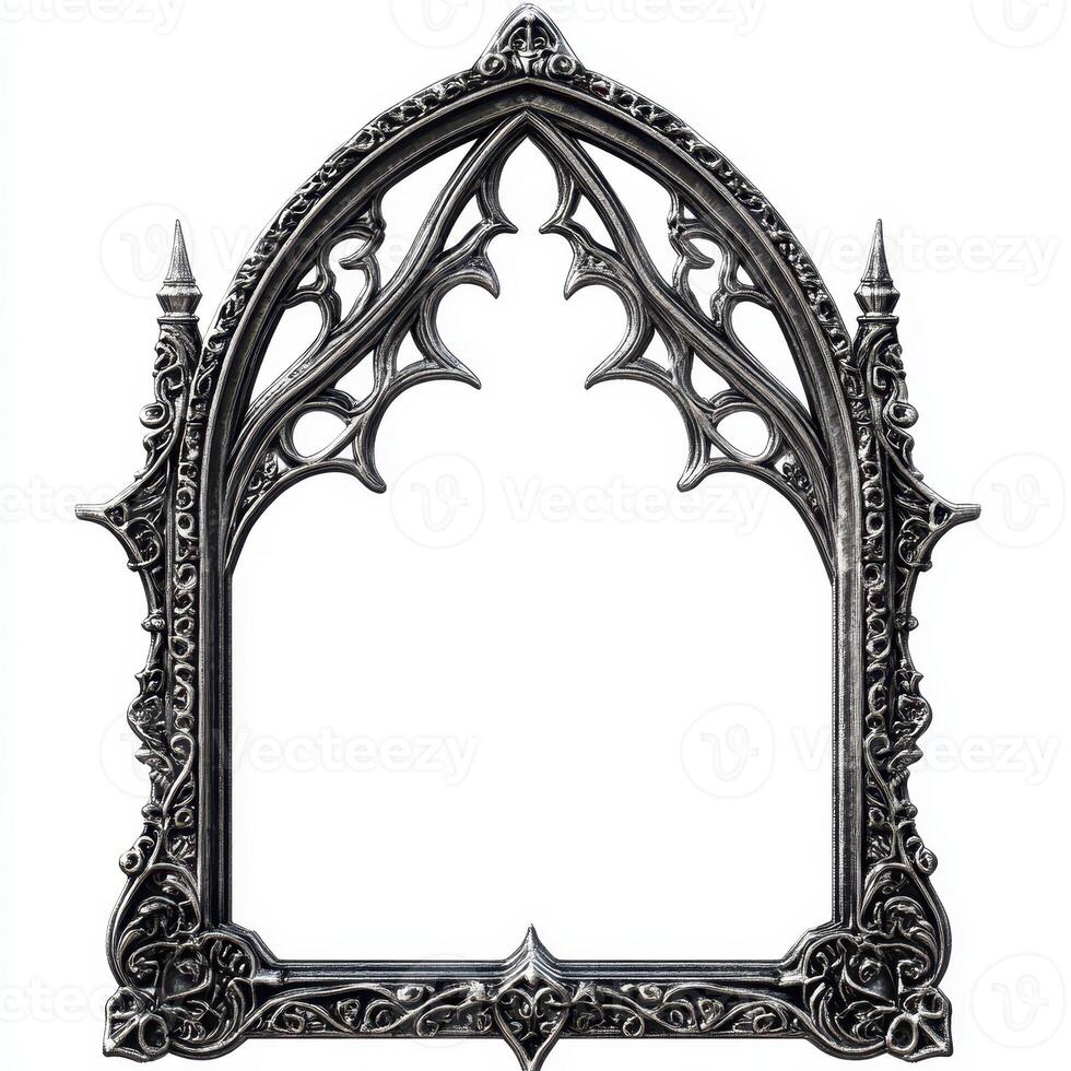 Ornate gothic-style picture frame with intricate designs and pointed arches photo
