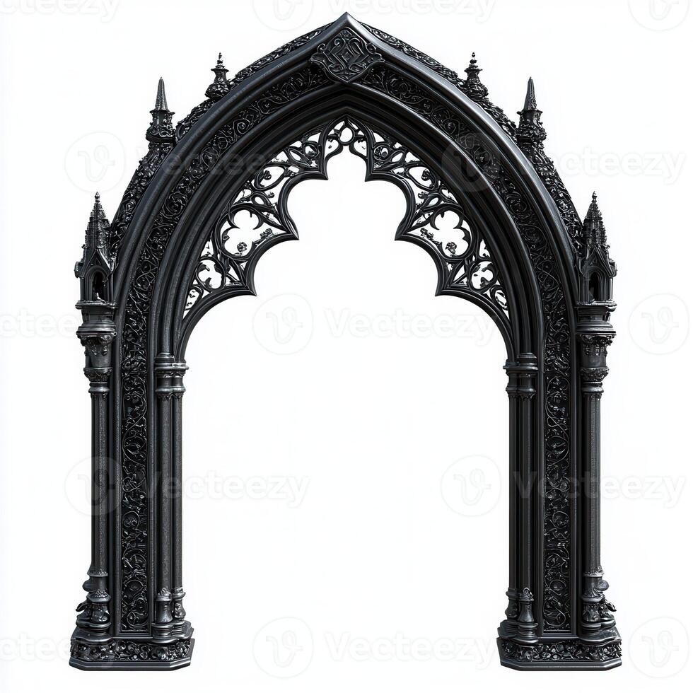 Ornate black gothic archway with intricate details and pointed design elements photo