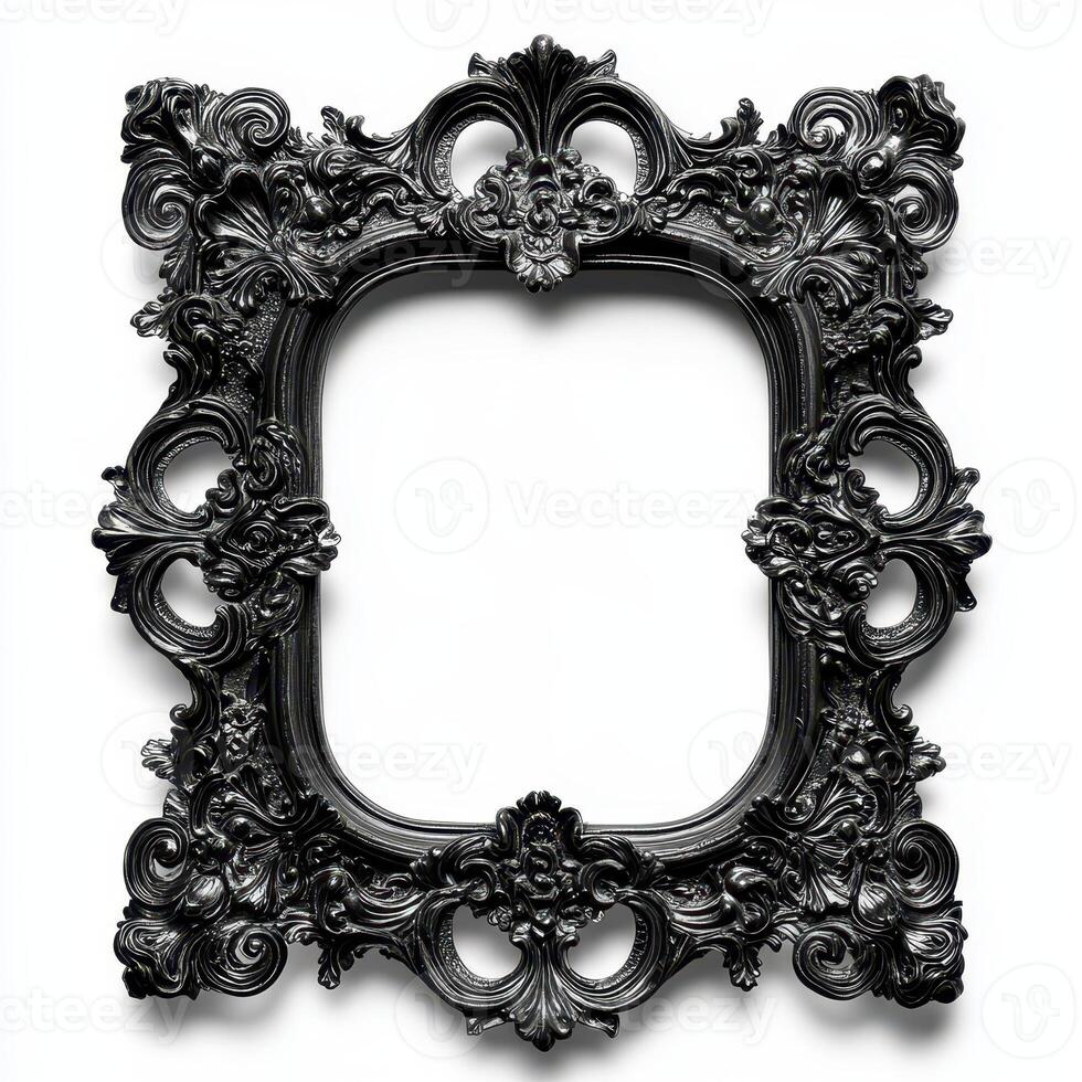 A decorative black picture frame with intricate floral designs and an empty center photo