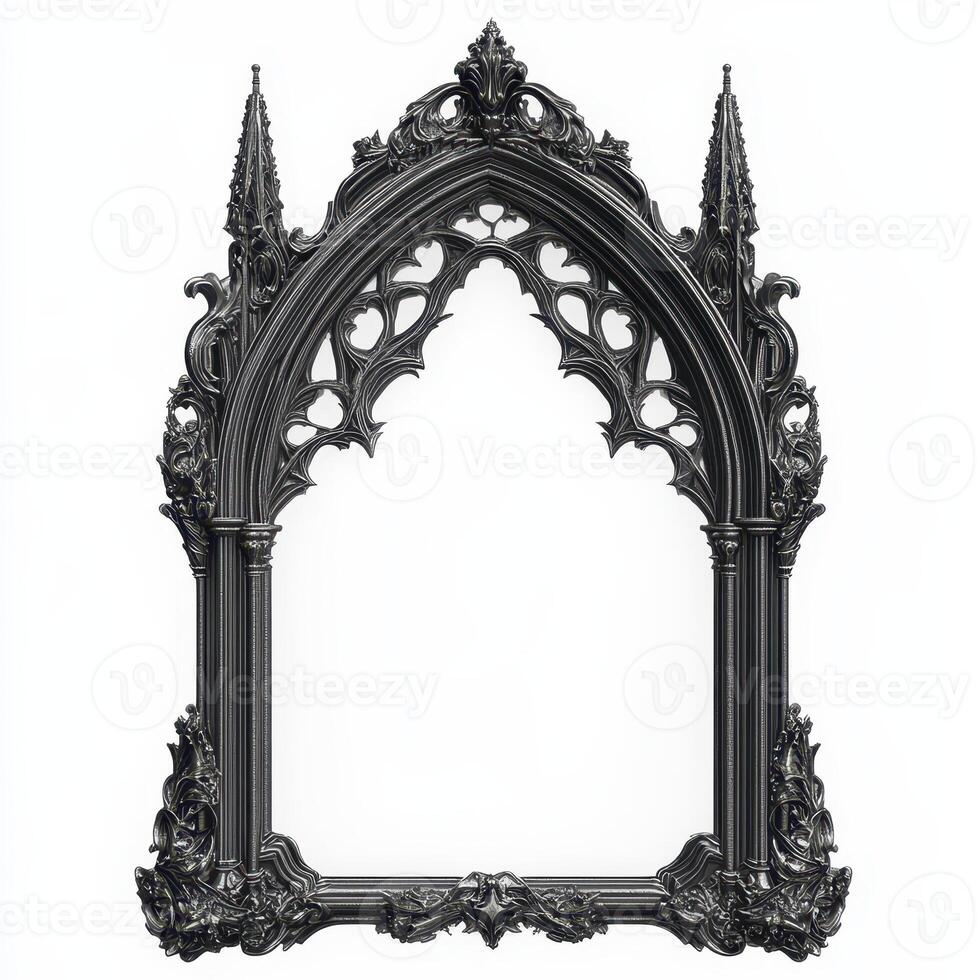 Ornate gothic-style picture frame with intricate detailing and pointed arches photo