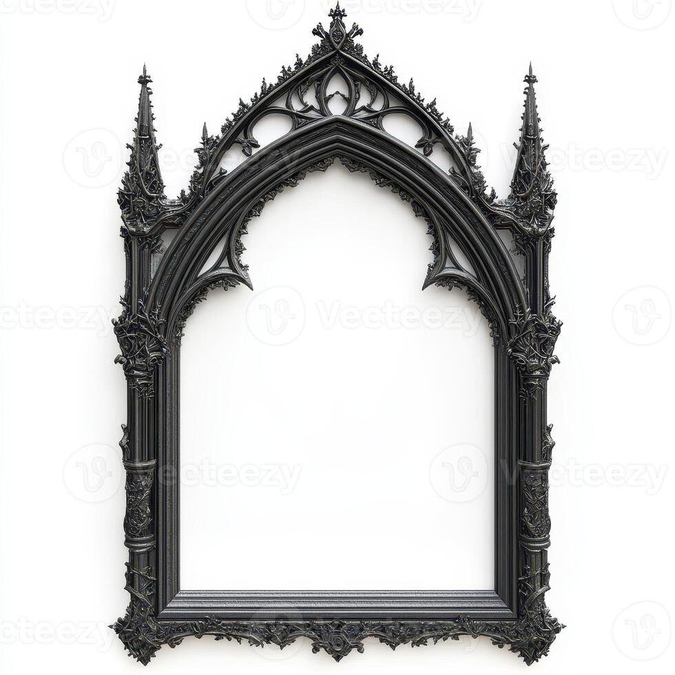 A gothic-style picture frame with intricate detailing and pointed arches, empty for artwork photo