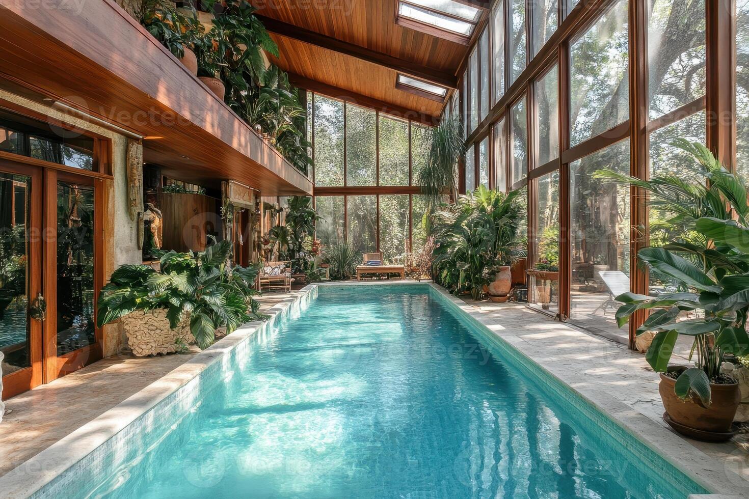Indoor swimming pool surrounded by lush greenery and large windows for natural light photo