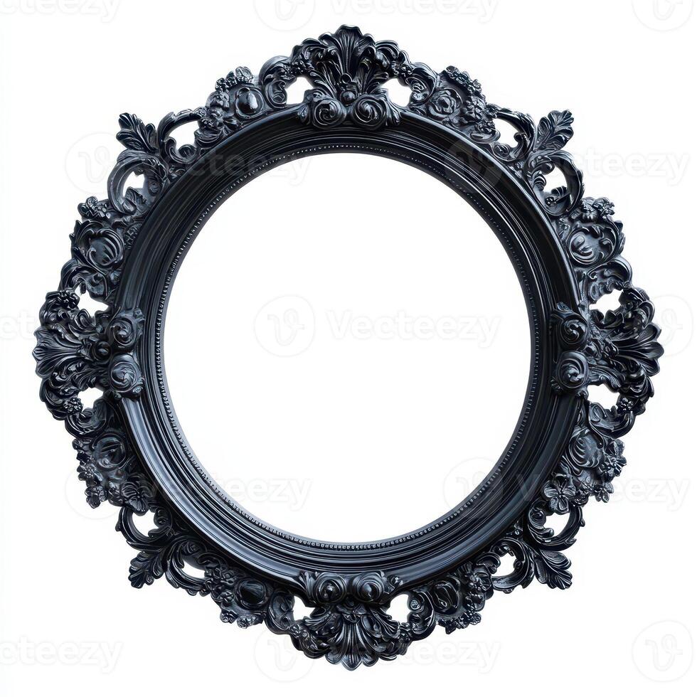 Ornate black circular frame with intricate floral designs, empty center for displaying art photo