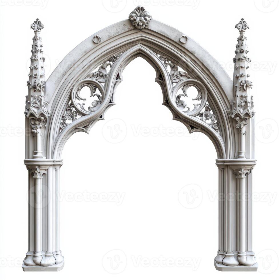 Ornate Gothic archway with intricate designs and spires, showcasing architectural detail photo