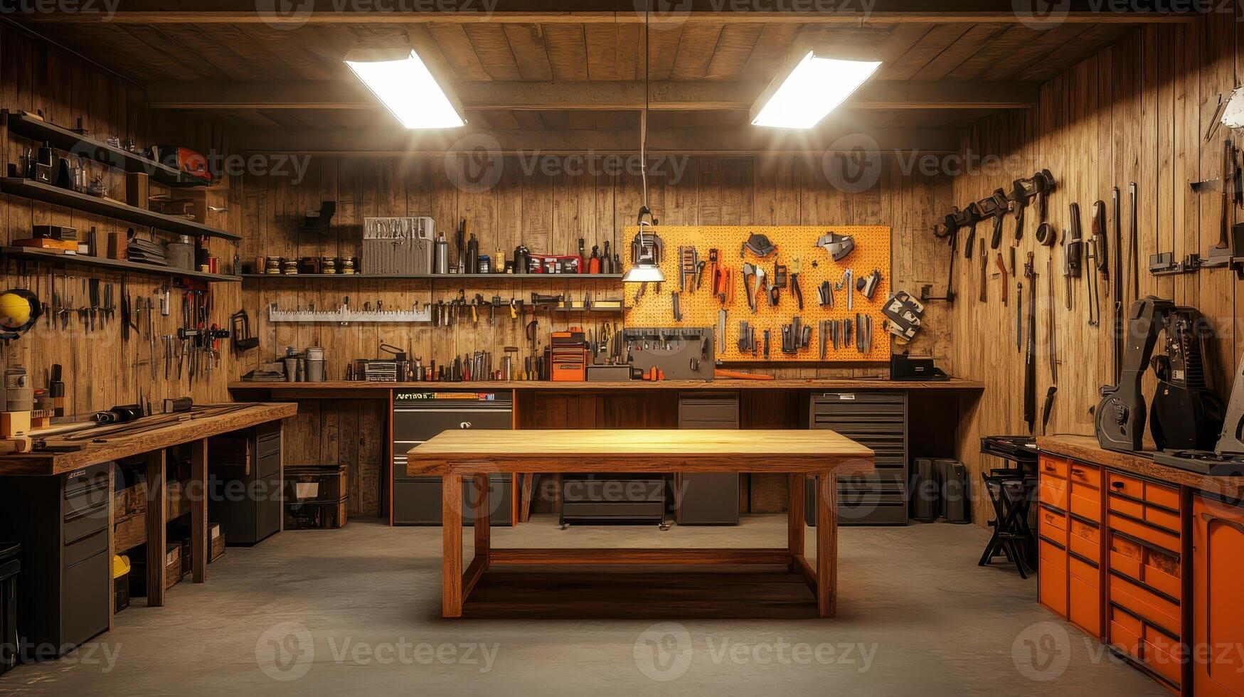 A well-organized workshop featuring various tools and a central workbench photo