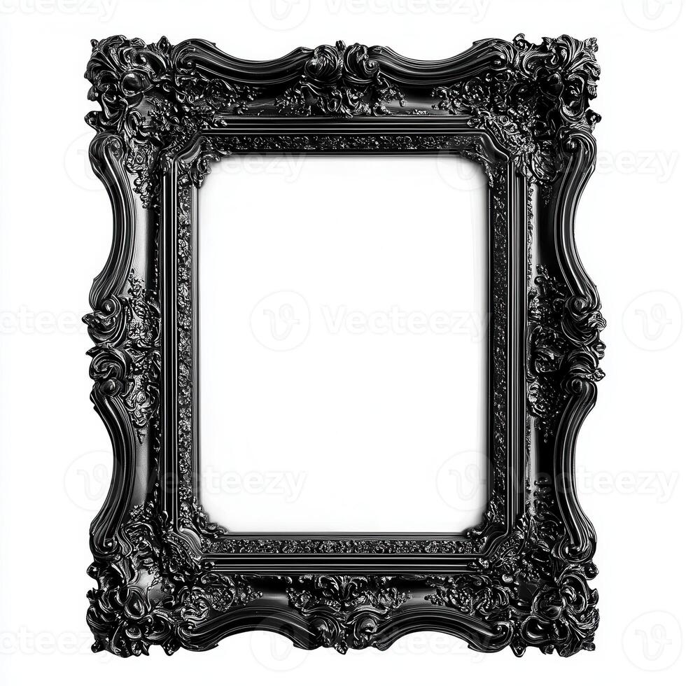An ornate black picture frame with intricate designs, empty for displaying artwork or photos