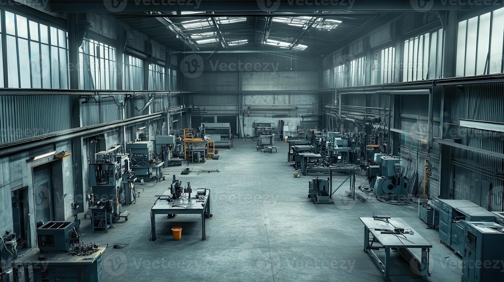 A spacious industrial workshop filled with machinery and workstations for manufacturing photo
