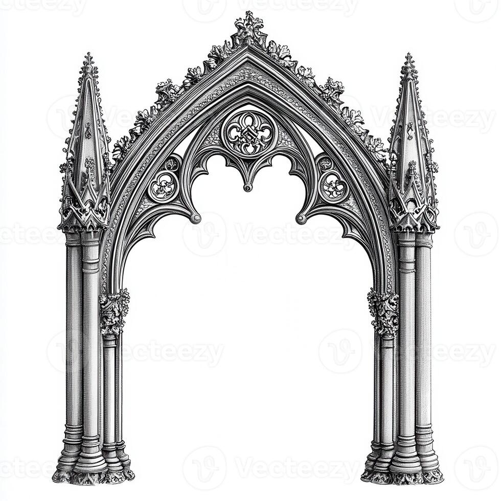 A detailed illustration of a Gothic architectural arch with ornate decorations and columns photo
