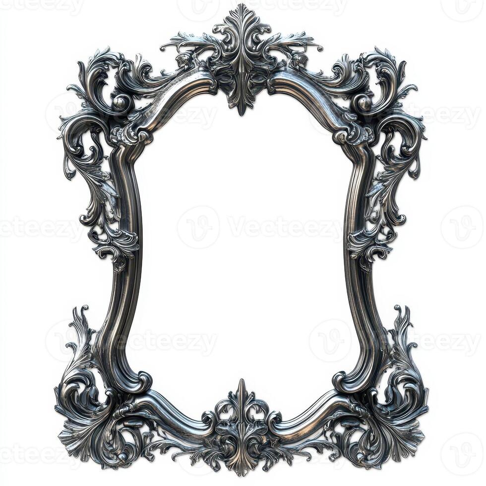 Ornate silver picture frame with intricate detailing and a blank interior for displaying art photo
