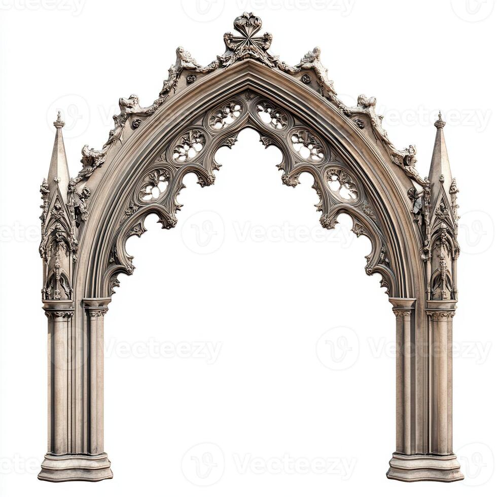 Ornate Gothic archway featuring intricate designs and pointed spires photo