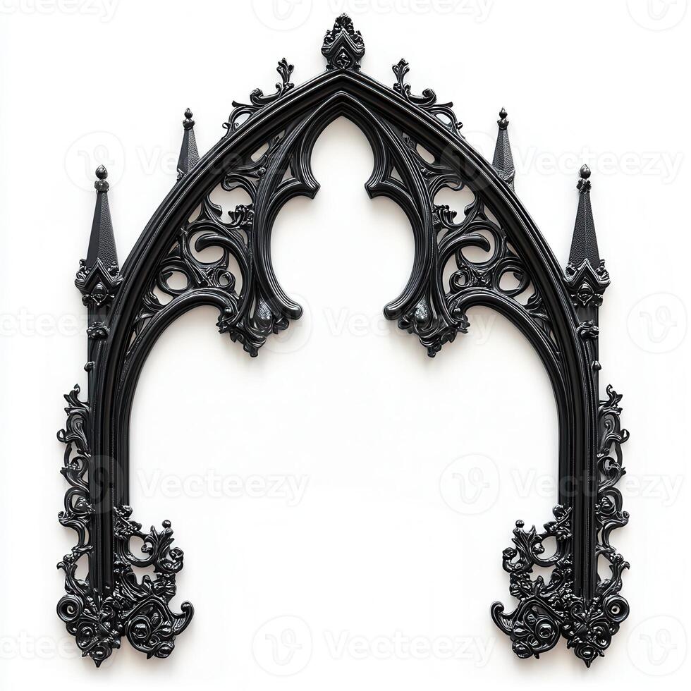 Ornate black gothic arch frame with intricate designs and pointed spires photo