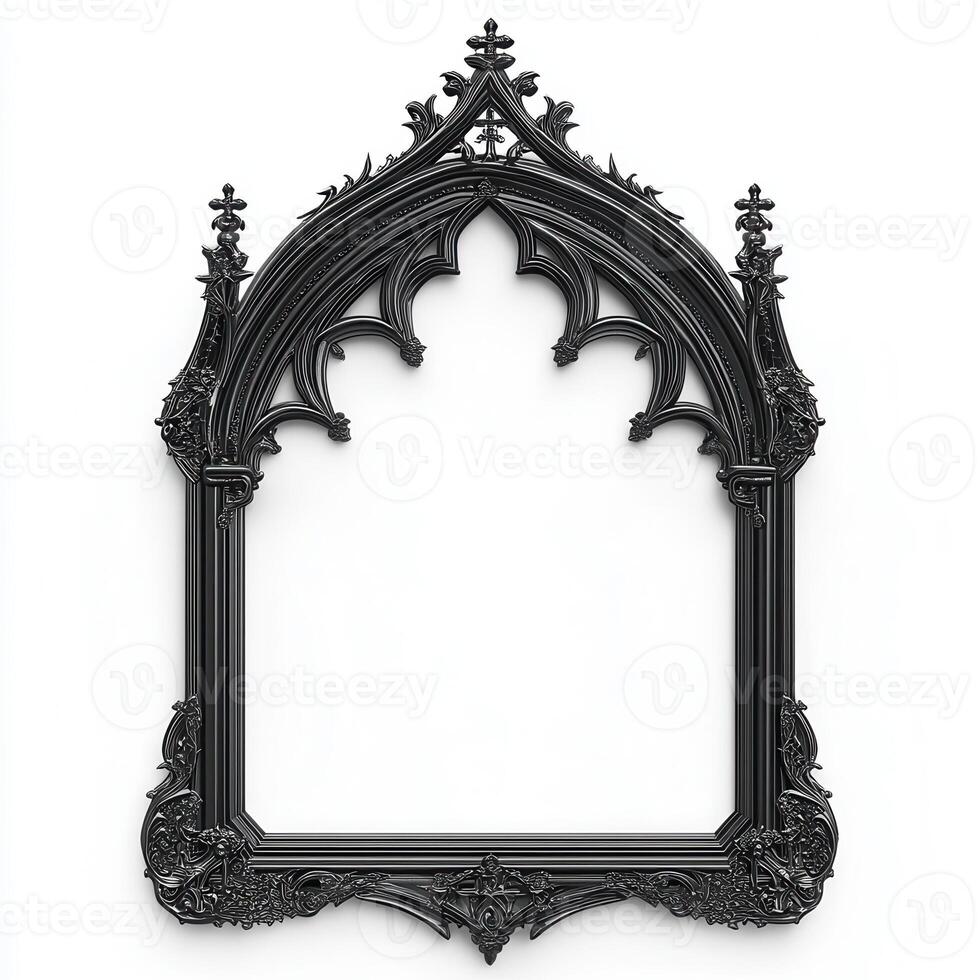 A decorative black gothic-style picture frame with intricate details and an empty center photo