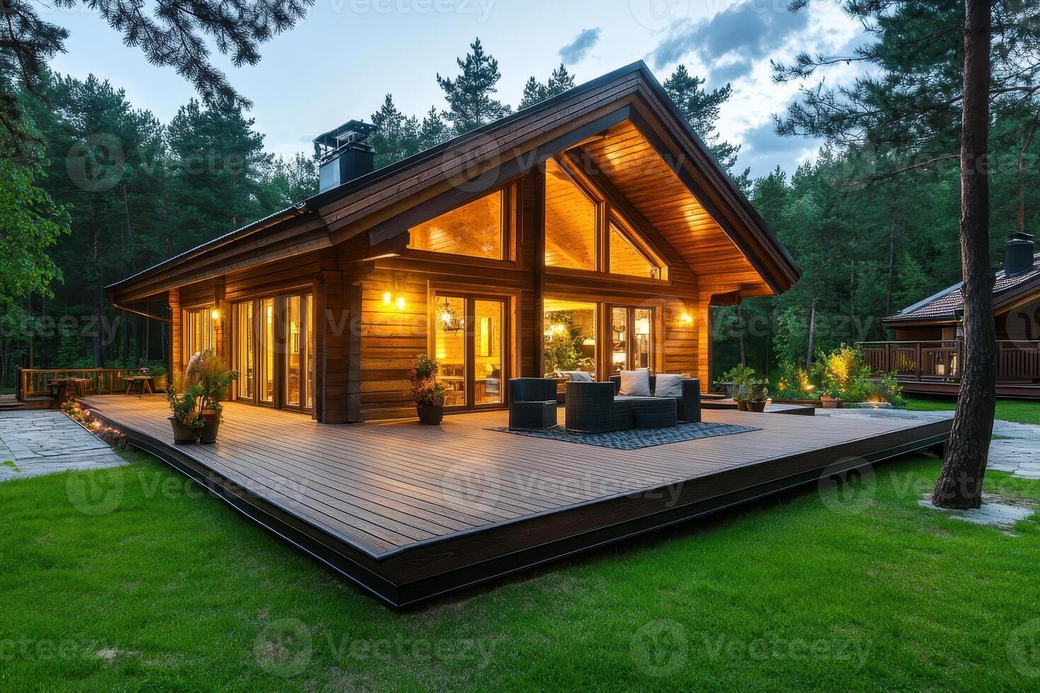 Cozy wooden house with illuminated interiors surrounded by trees and a spacious deck photo