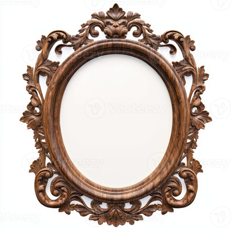 Ornate wooden frame with intricate detailing, designed for displaying artwork or photographs. photo