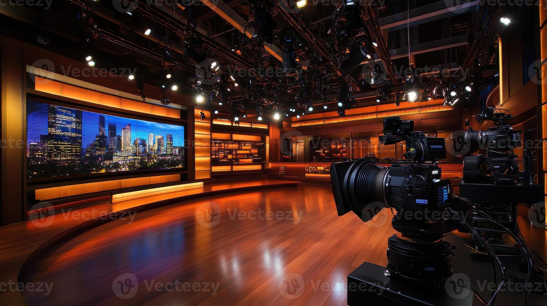 A professional television studio setup with cameras and a large display screen. photo
