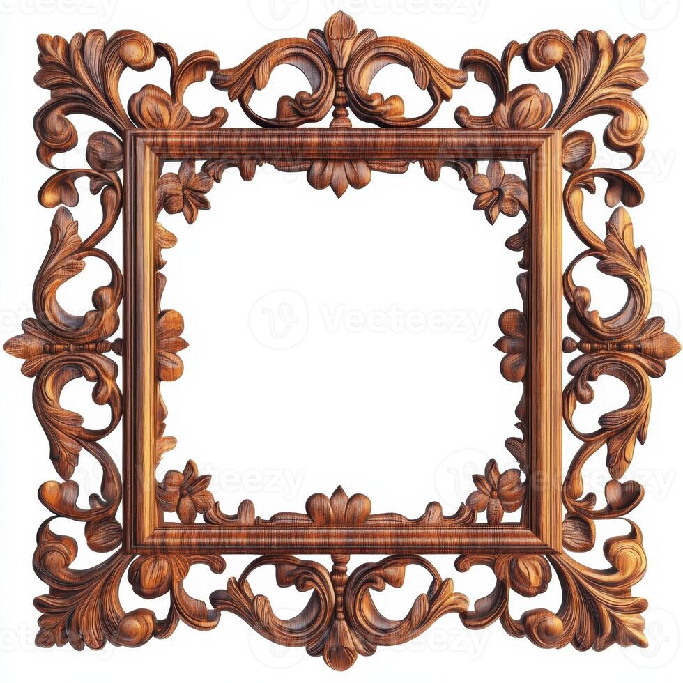 Ornate wooden picture frame with intricate floral designs, empty for artwork display. photo