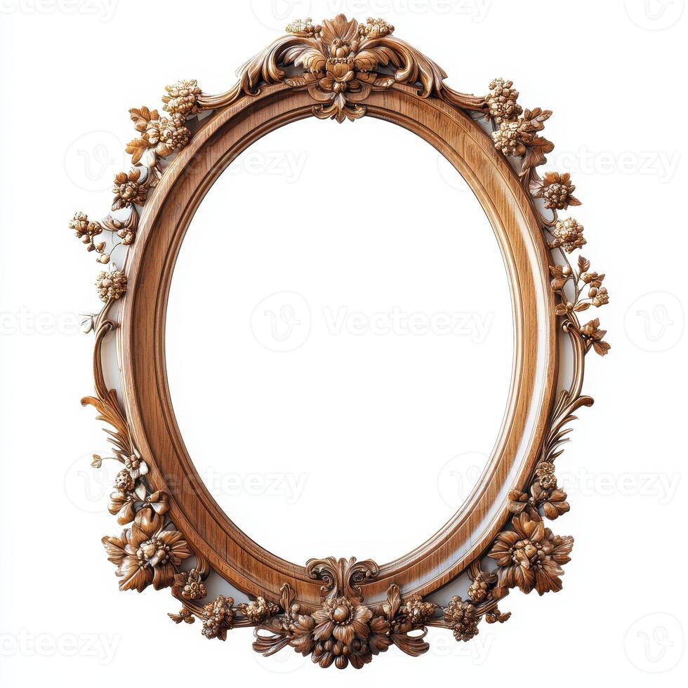 Ornate wooden picture frame with floral design and an empty center for artwork or photos. photo
