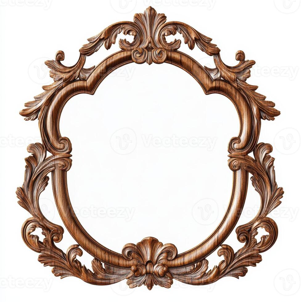 Ornate wooden picture frame with intricate carvings and a blank center for displaying artwork. photo