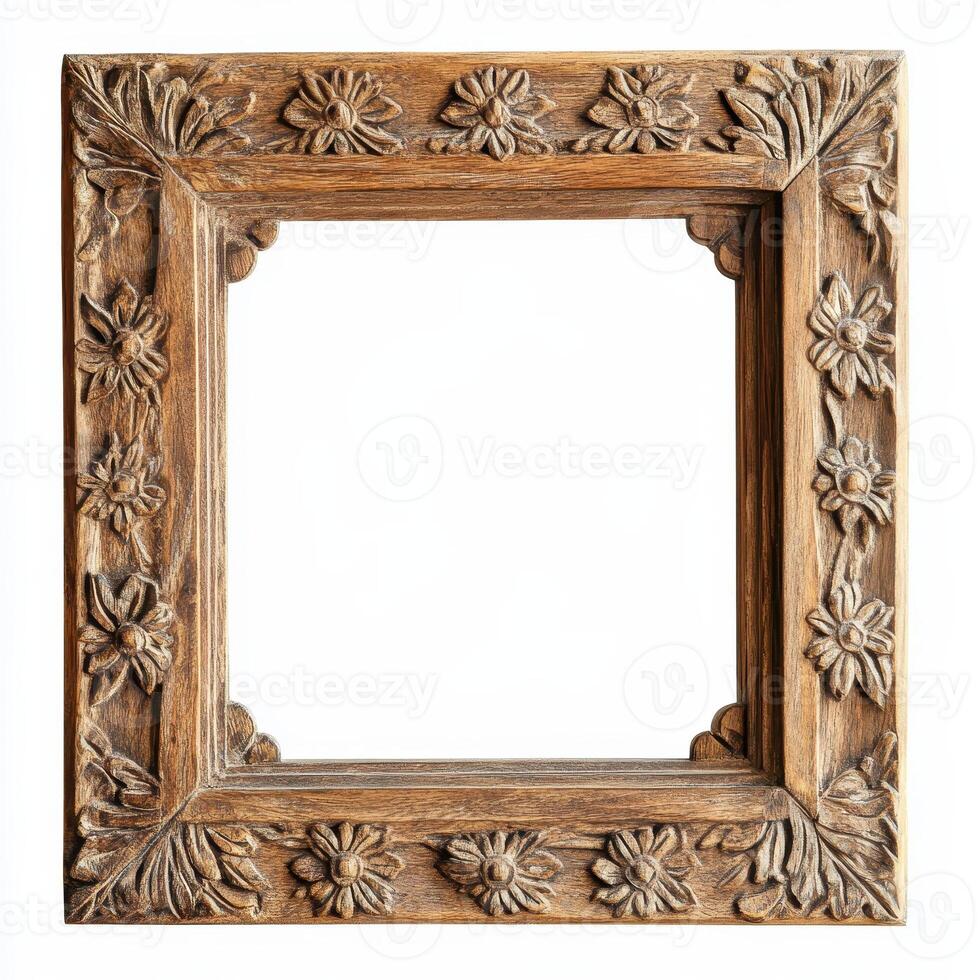 A decorative wooden picture frame with floral carvings, designed to hold artwork or photos. photo