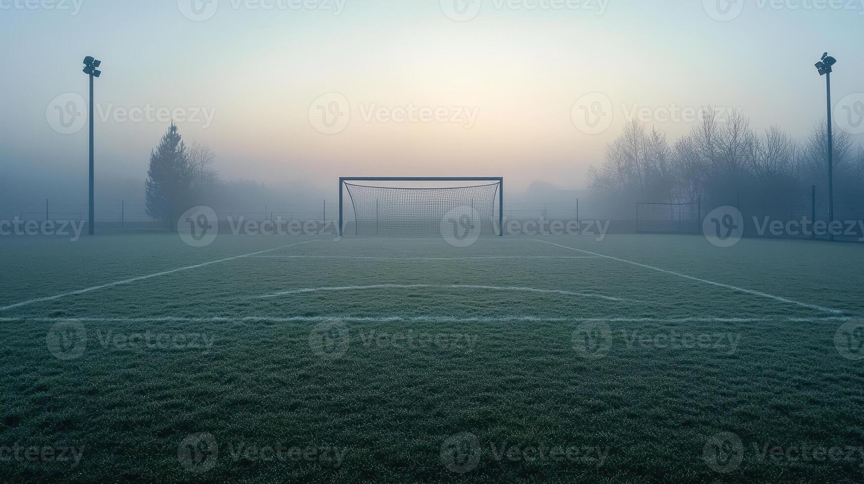 A foggy soccer field at dawn with a goalpost and frost-covered grass photo