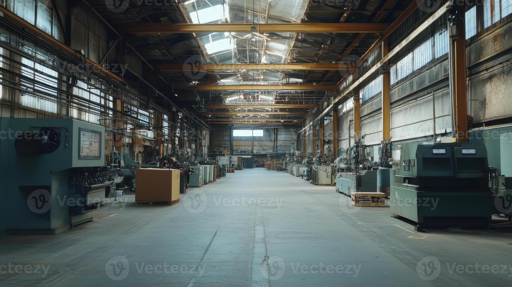 A spacious industrial workshop filled with machinery and equipment for manufacturing. photo