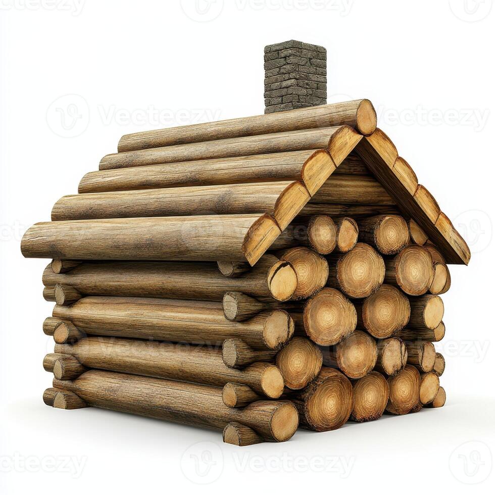 A wooden log cabin with a chimney, showcasing rustic architecture photo