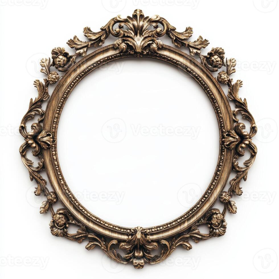 An ornate, vintage-style picture frame with intricate floral designs and an empty center photo