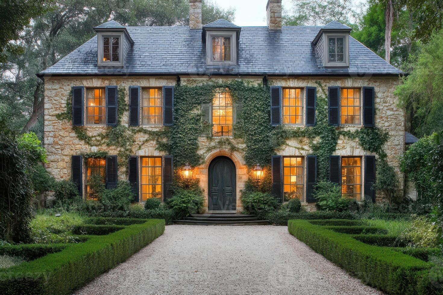 A charming stone house adorned with ivy, featuring warm lights and a manicured garden. photo