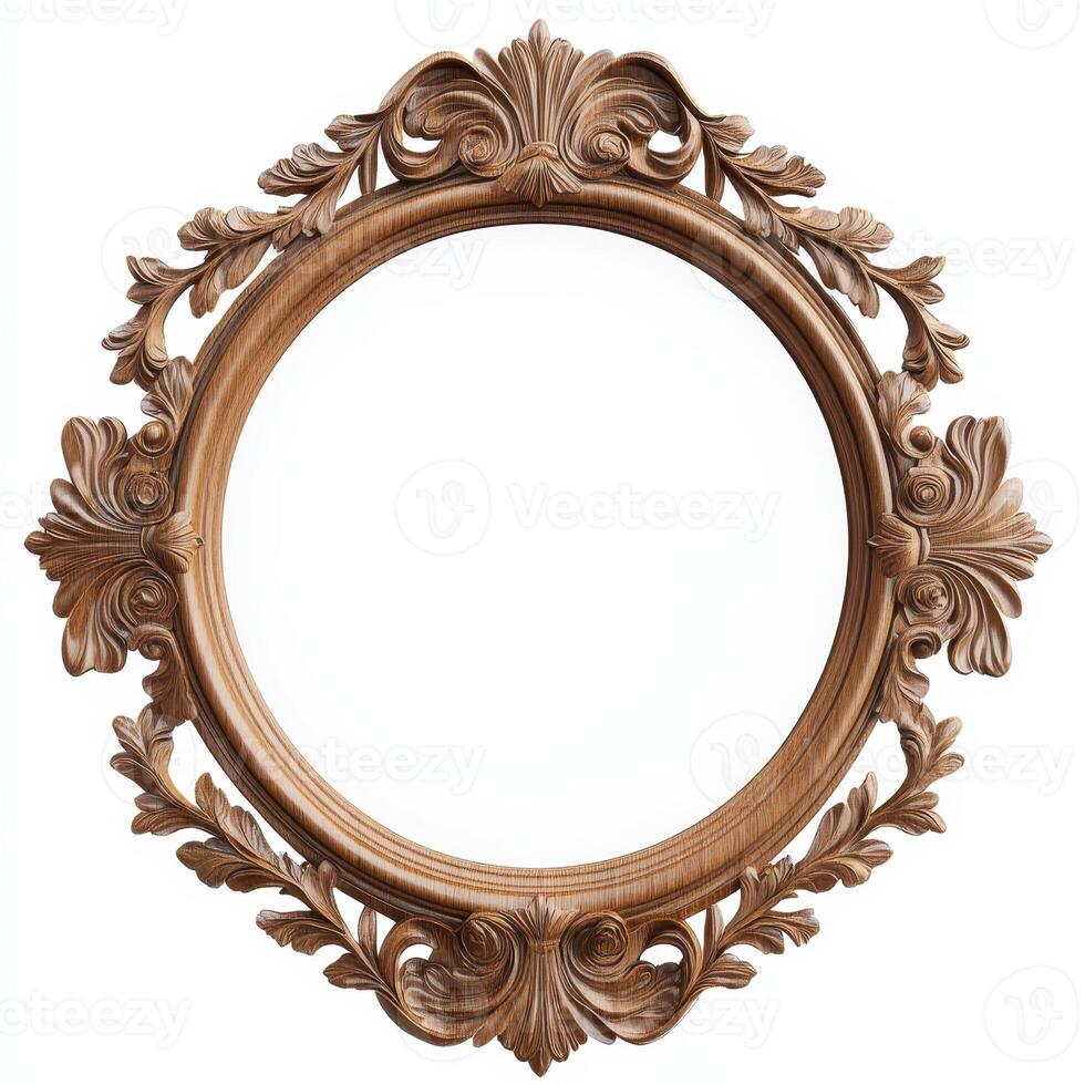 Ornate wooden mirror frame with intricate floral designs and a circular shape photo