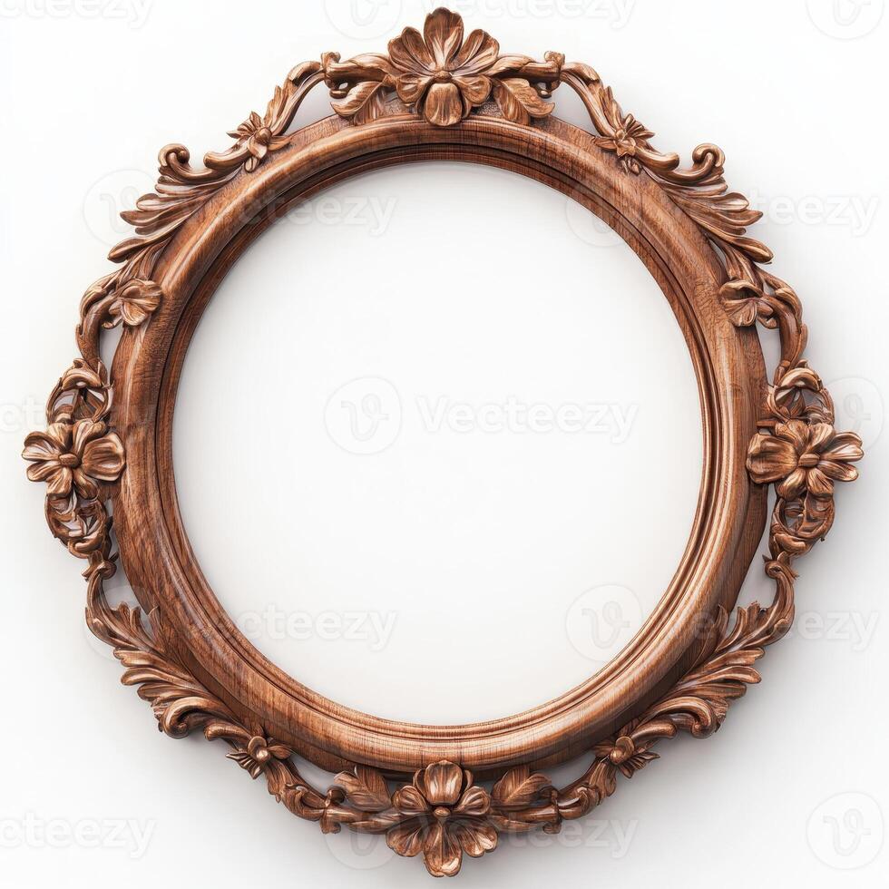 Ornate round wooden frame with floral designs, suitable for displaying artwork or photographs. photo