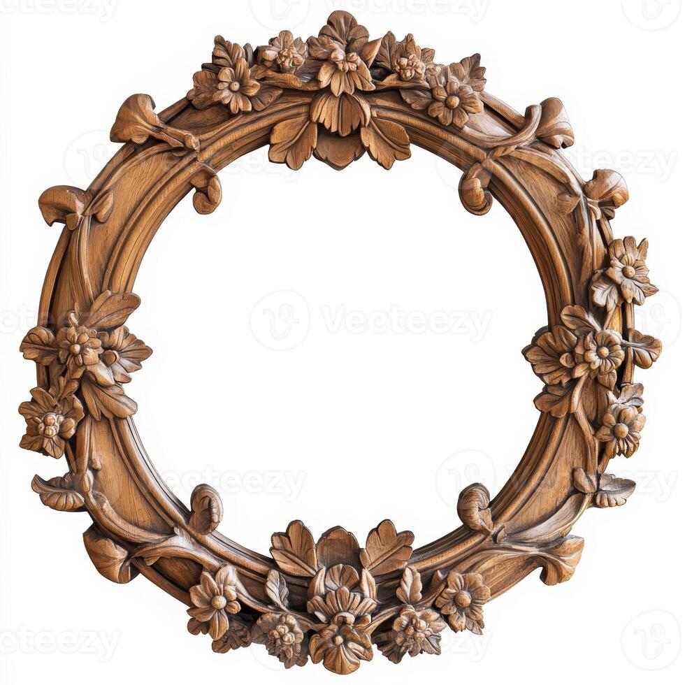 Ornate wooden frame with floral carvings, designed for displaying artwork or photographs. photo