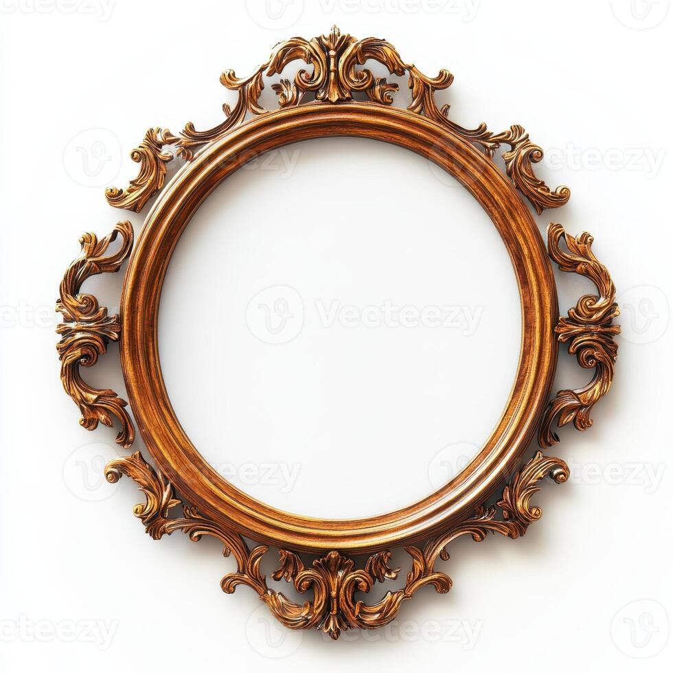 Ornate vintage picture frame with intricate detailing and a circular shape. photo
