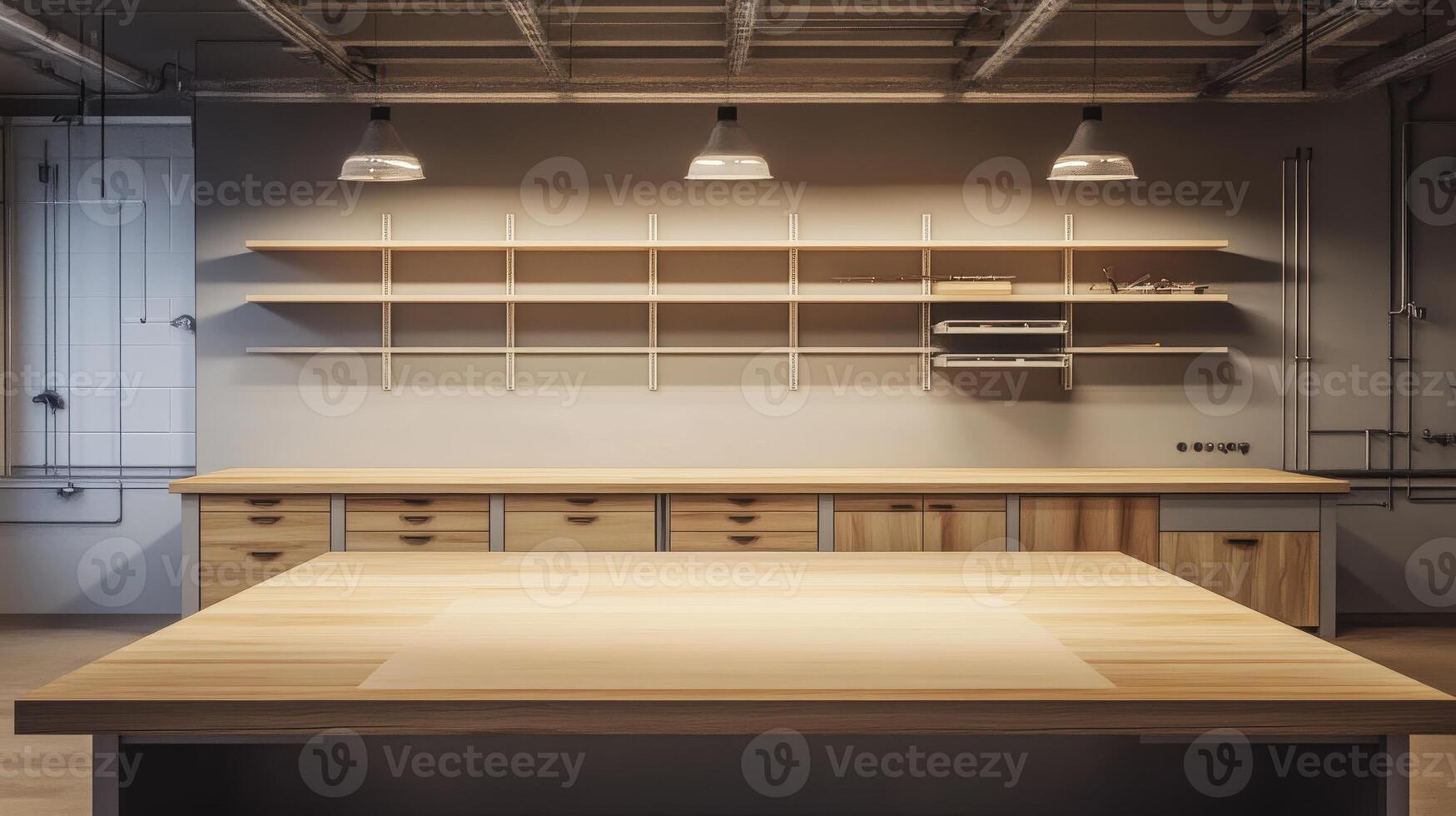 A modern workshop with wooden surfaces, shelves, and industrial lighting. photo