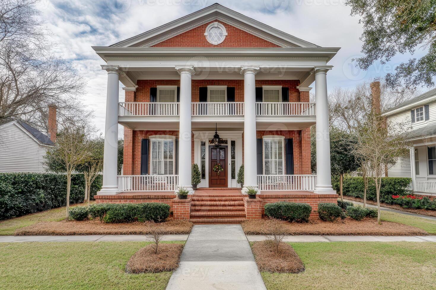 A grand brick house with columns and a welcoming entrance surrounded by greenery. photo