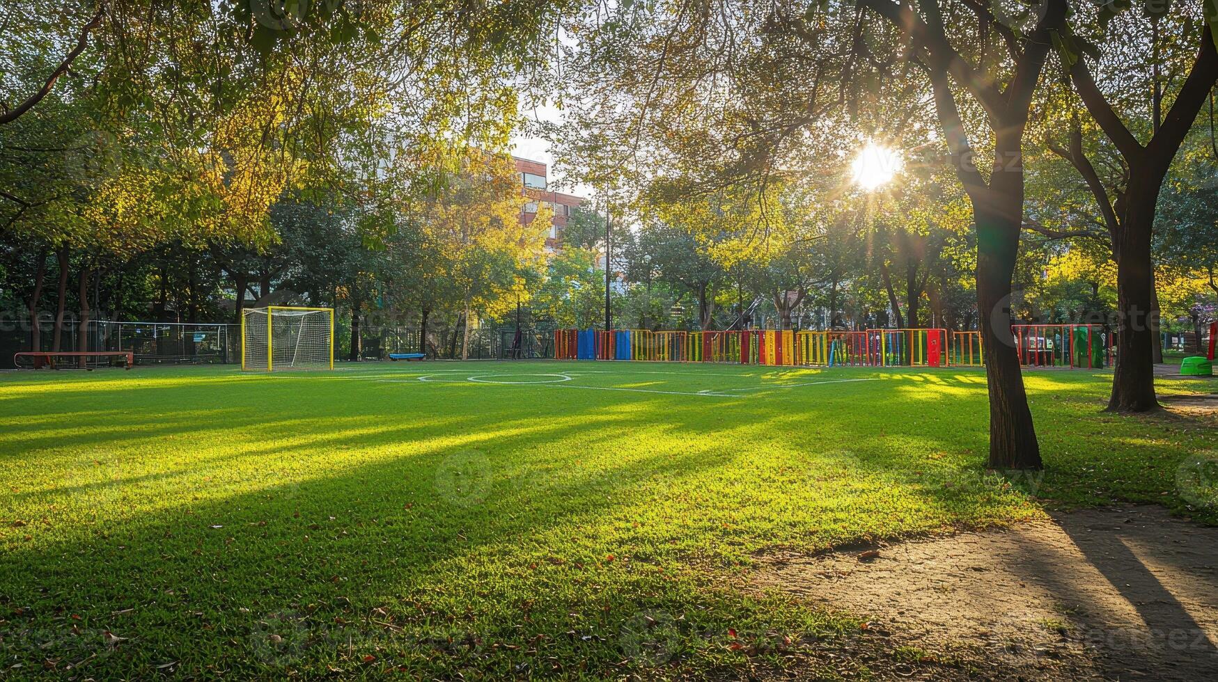A sunny park with a green soccer field and colorful benches, ideal for leisure and sports. photo