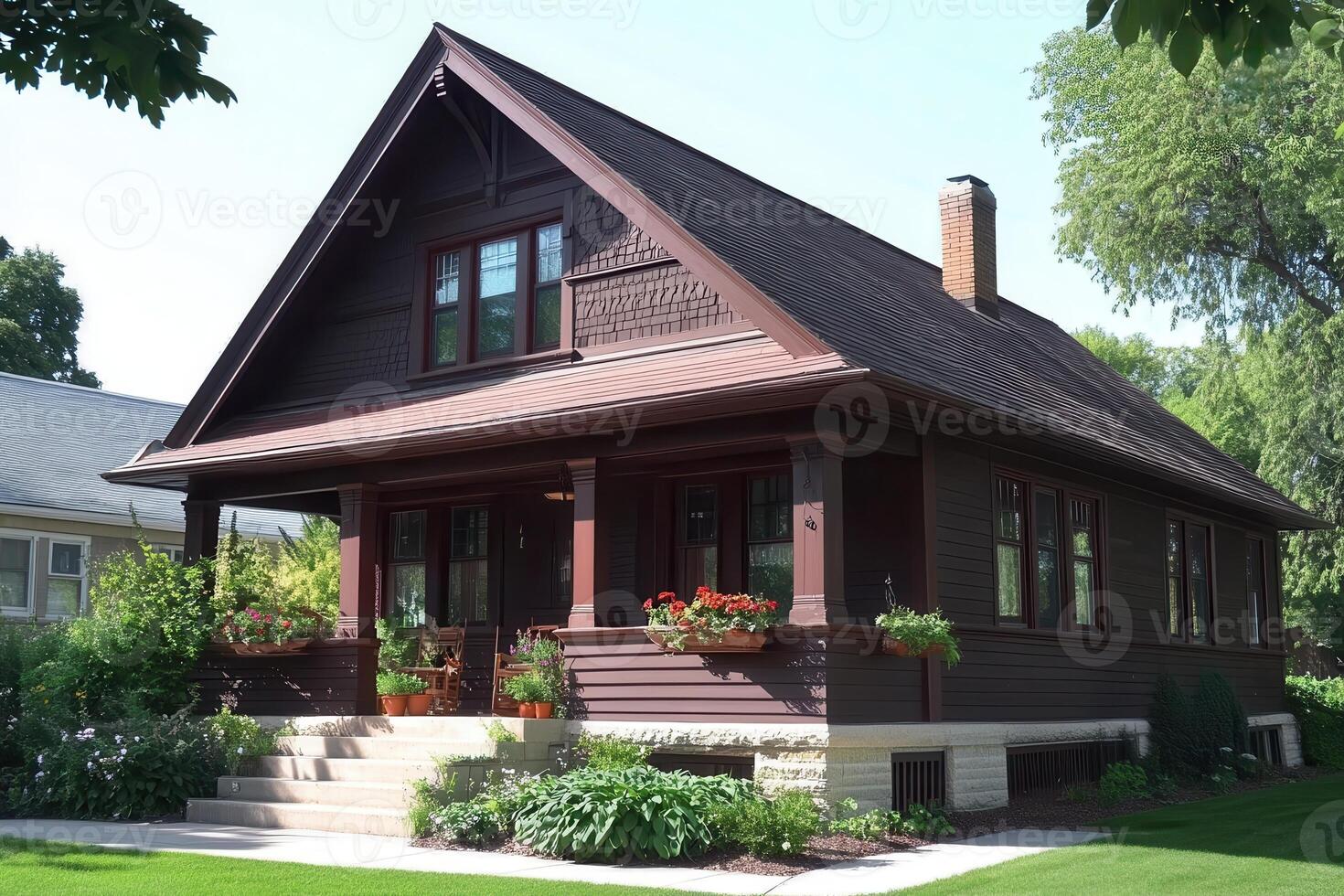 A charming brown house with a porch and flower pots, showcasing classic architectural style. photo