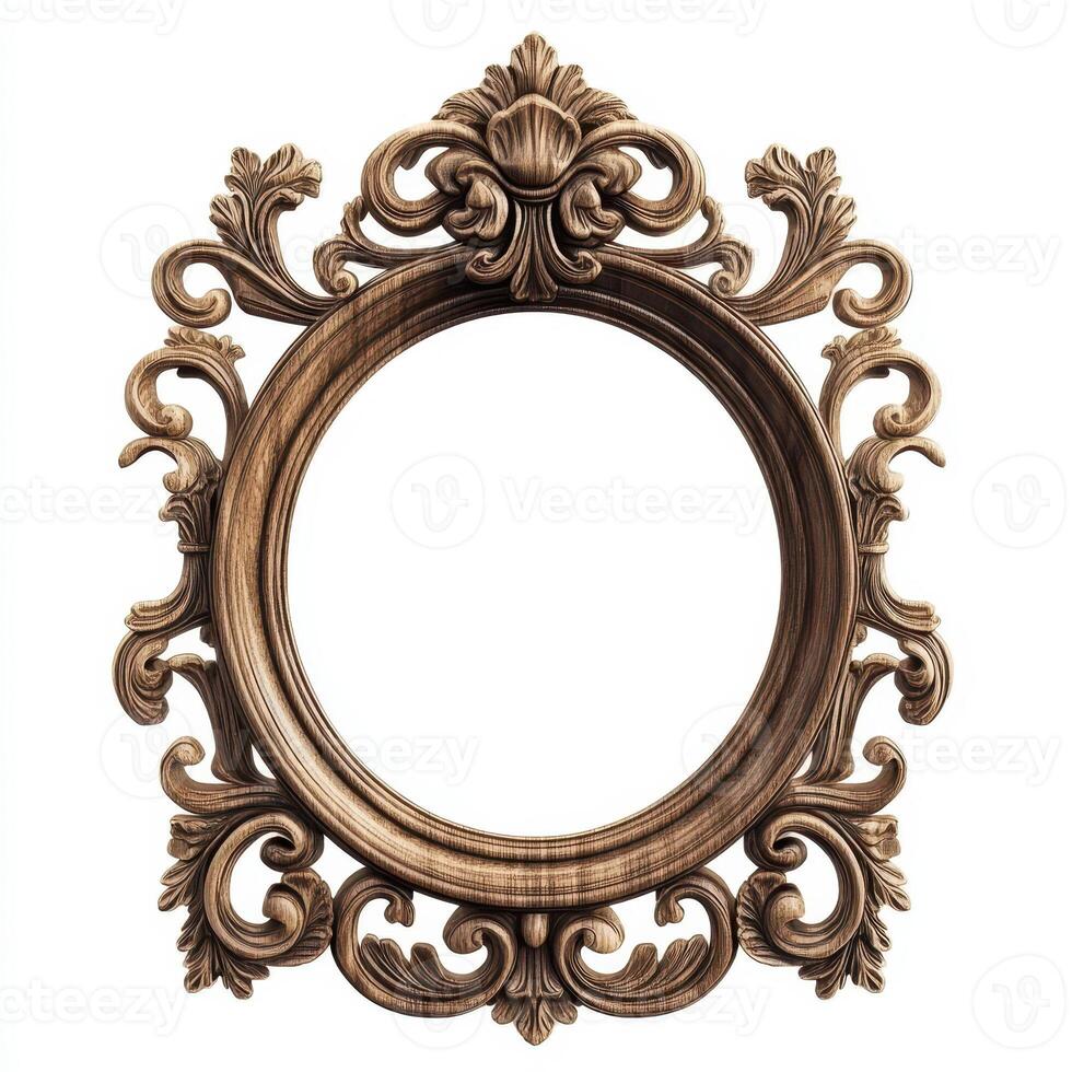 Ornate vintage picture frame with intricate carvings and a circular opening. photo
