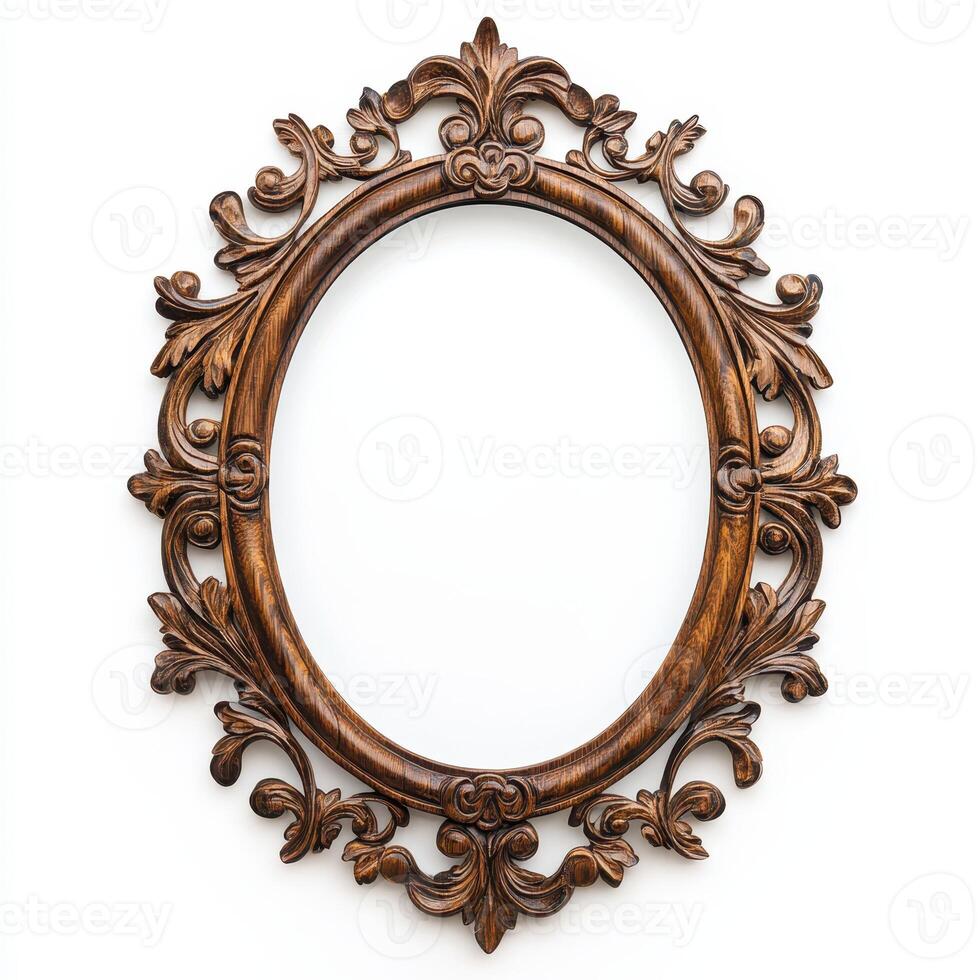 Ornate wooden picture frame with intricate floral designs, empty for displaying artwork or photos. photo