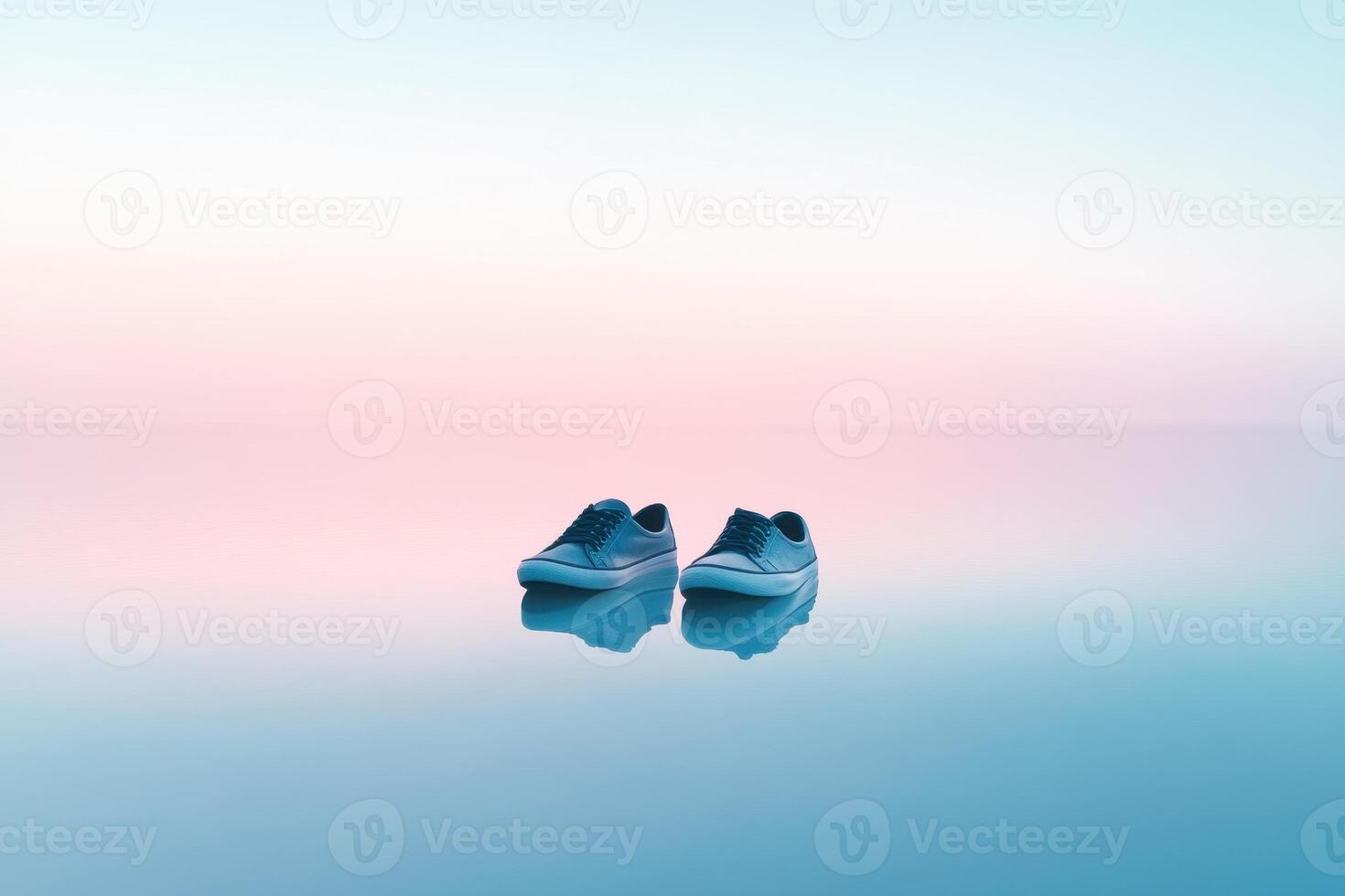 A pair of sneakers on a reflective surface with a pastel gradient background. photo