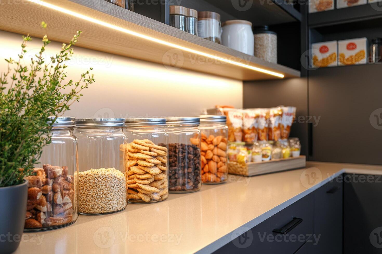 A modern kitchen shelf displaying jars of snacks and packaged foods for easy access. photo