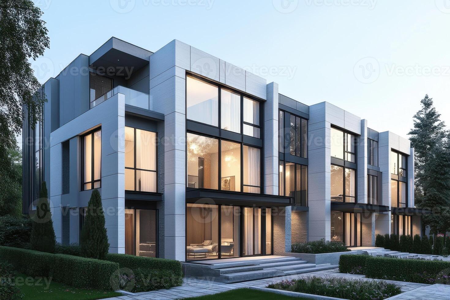 Modern architectural design featuring a sleek, multi-story building with large windows. photo
