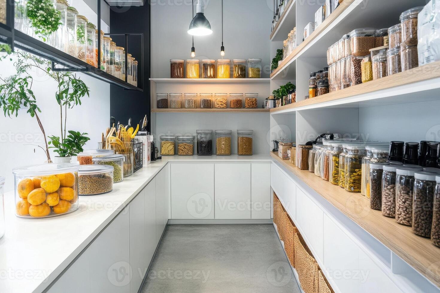 A well-organized pantry with jars of various foods and ingredients for easy access. photo