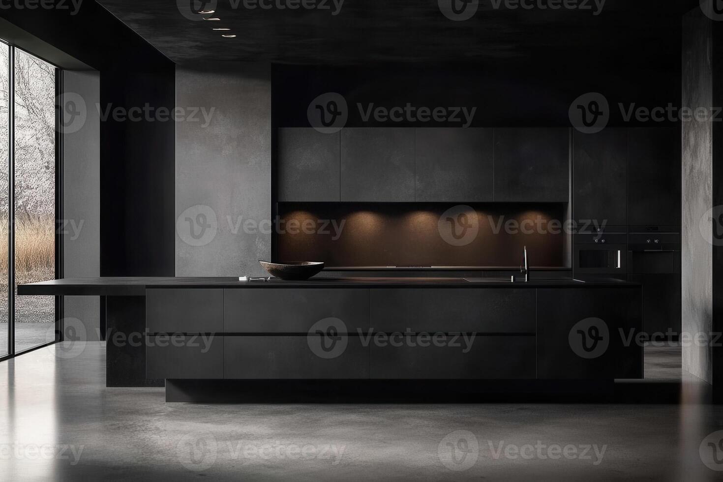 A modern, minimalist kitchen featuring dark tones and sleek design elements. photo