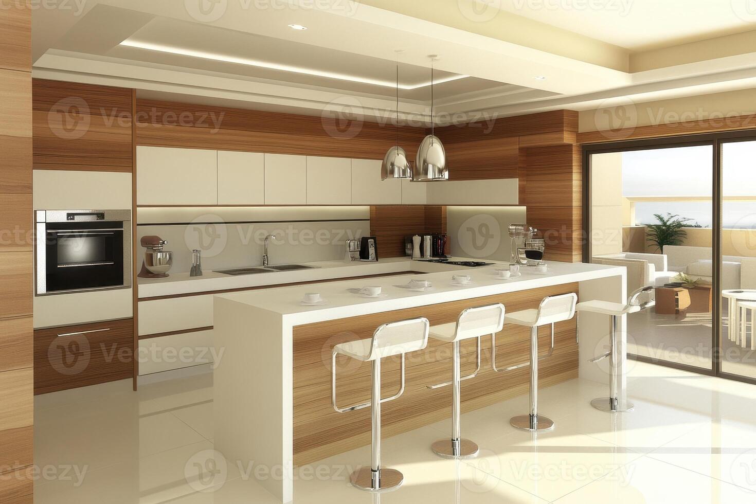 Modern kitchen with sleek design, featuring an island and contemporary appliances. photo